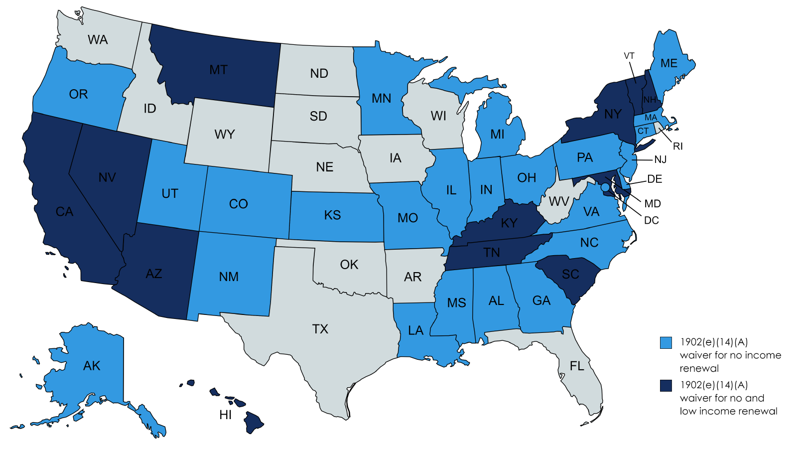 Map of US states illustrating variance in income-based option for Medicaid renewal 